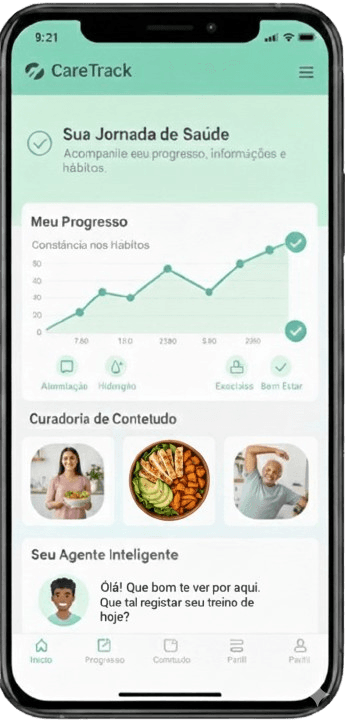CareTrack App - Interface do aplicativo mostrando acompanhamento de hábitos saudáveis